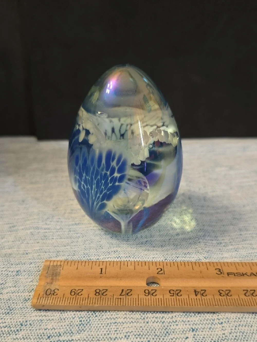 Vines Signed 1989 Handblown Blue Glass Egg Paperweight with Iridescent Detail